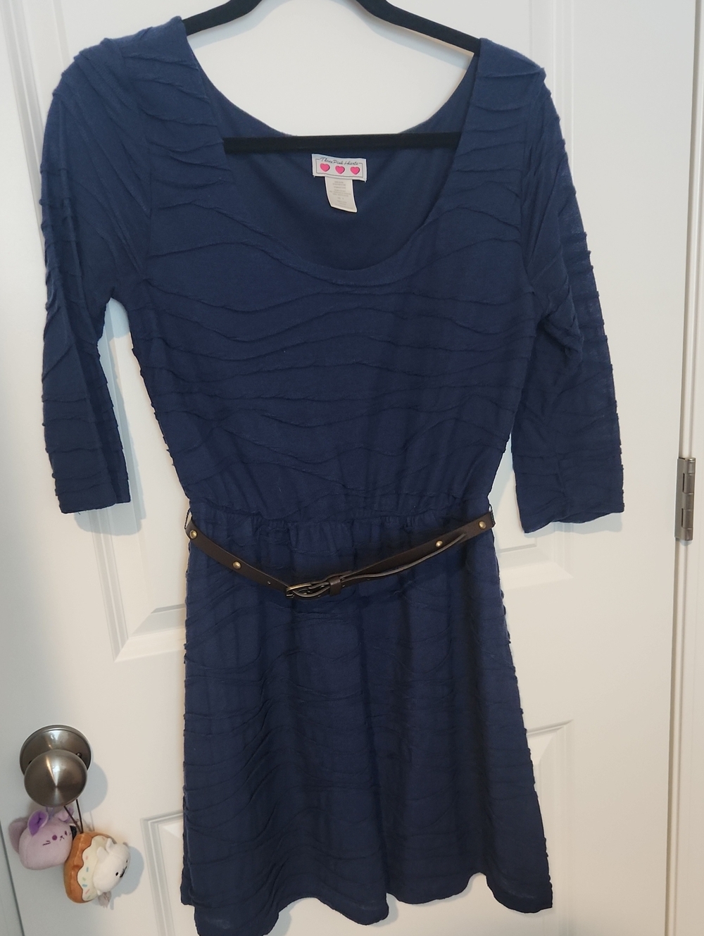Three Pink Hearts Navy Textured Scoop-Neck Mid Sleeve Belted Dress
